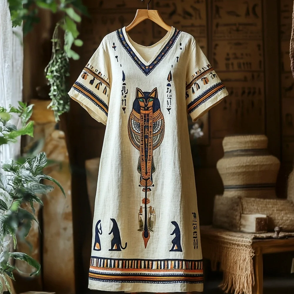 Egyptian Cat Tribal Totem Women's Linen Short Sleeve Maxi Dress