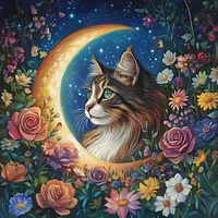 Cat in the Moon with Flowers - Diamond Painting