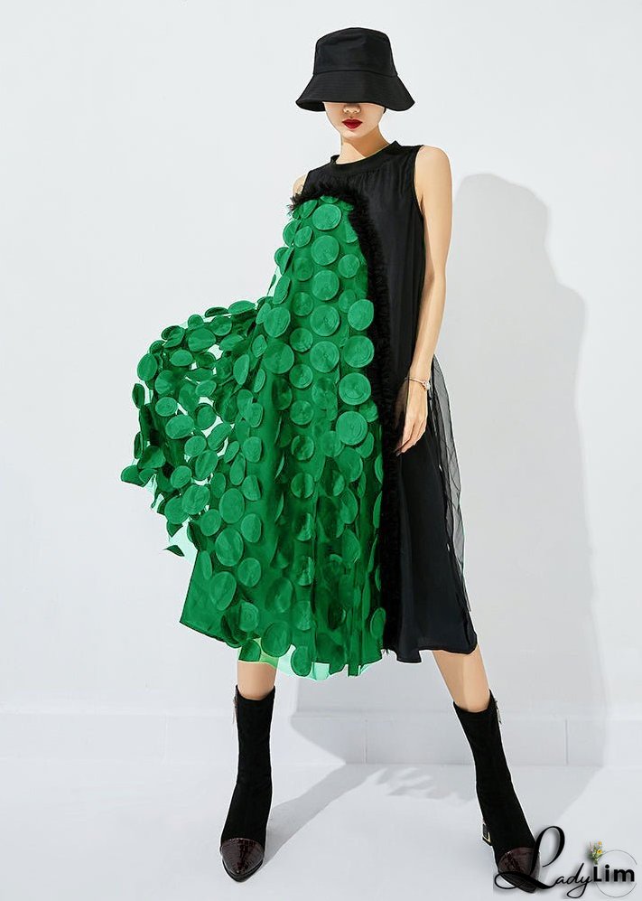 Bohemian Khaki Asymmetrical Patchwork Wrinkled Tulle Maxi Dress Sleeveless