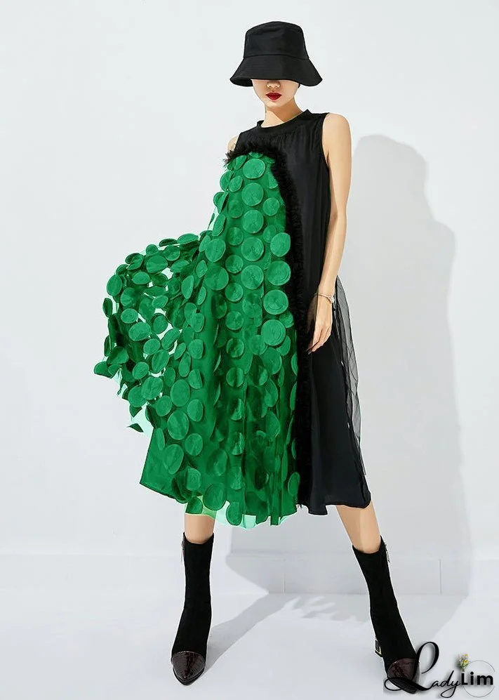 Bohemian Khaki Asymmetrical Patchwork Wrinkled Tulle Maxi Dress Sleeveless