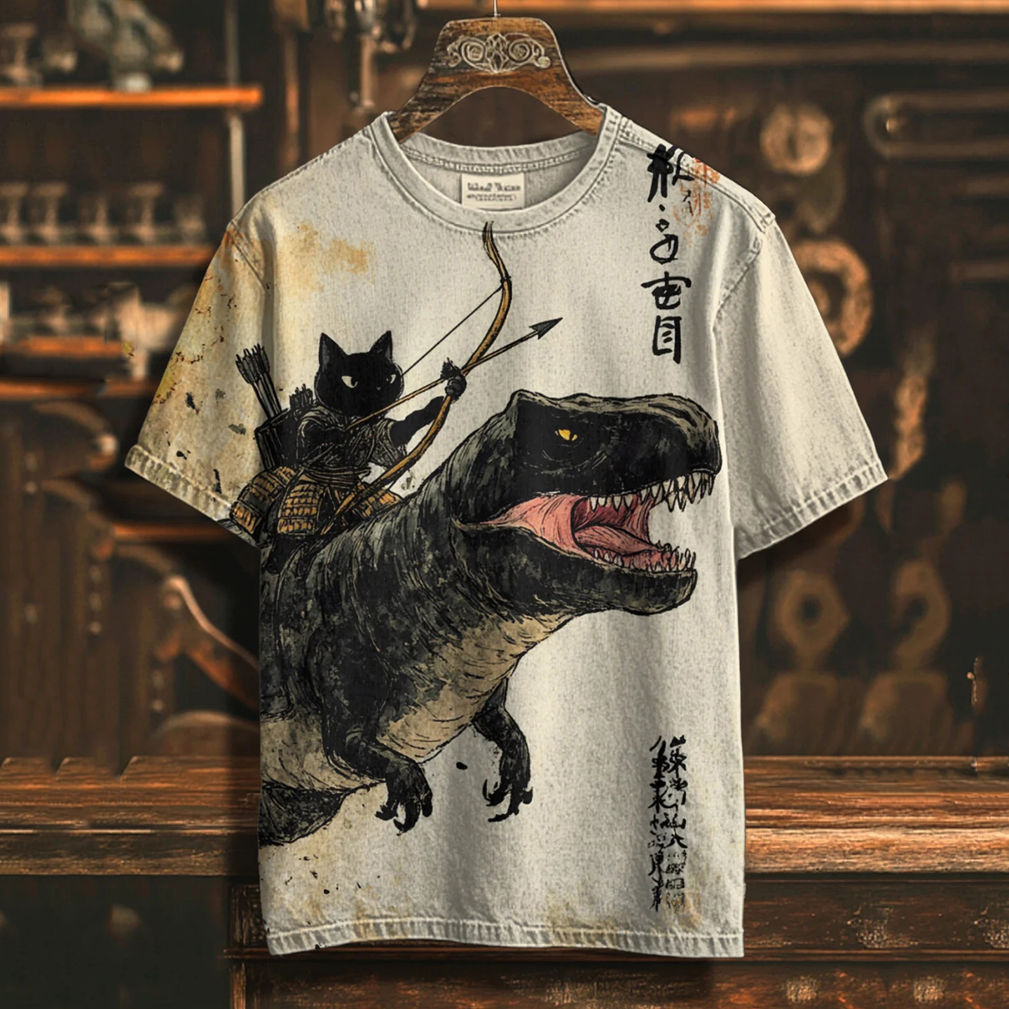 Men's Black Cat Riding A Dinosaur Archery Art Print Casual T-shirt elevenforest