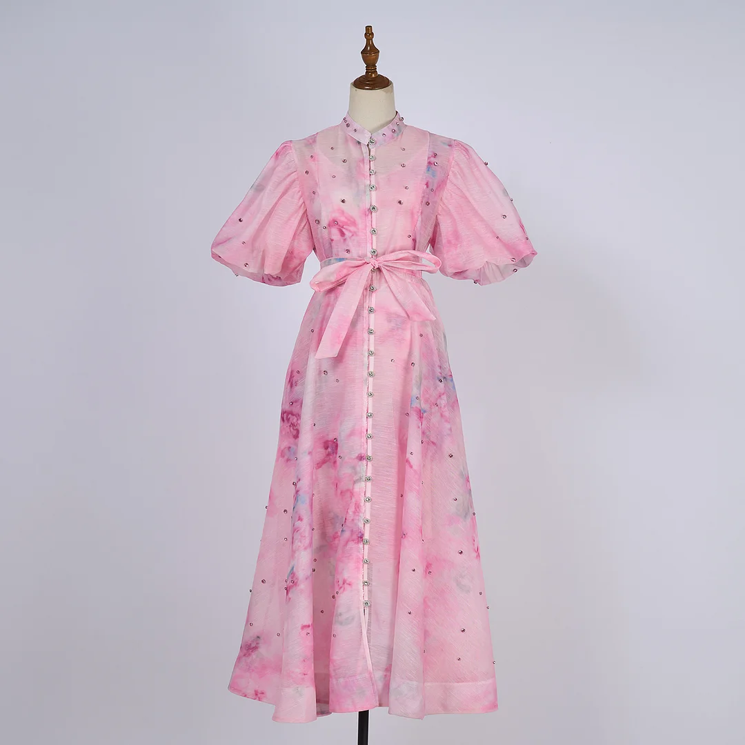 Nigikala Nigikala Court Style High Design Feeling Heavy Industry Nail Drill Short Sleeve Single Buckle Dress + Sling