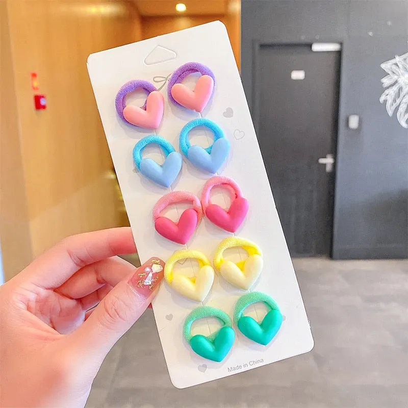 10PCS/Set New Girls Cute Cartoon Flower Small Scrunchie Kids Ponytail Hair Tie Elastic Hair Bands Fashion Hair Accessories Set