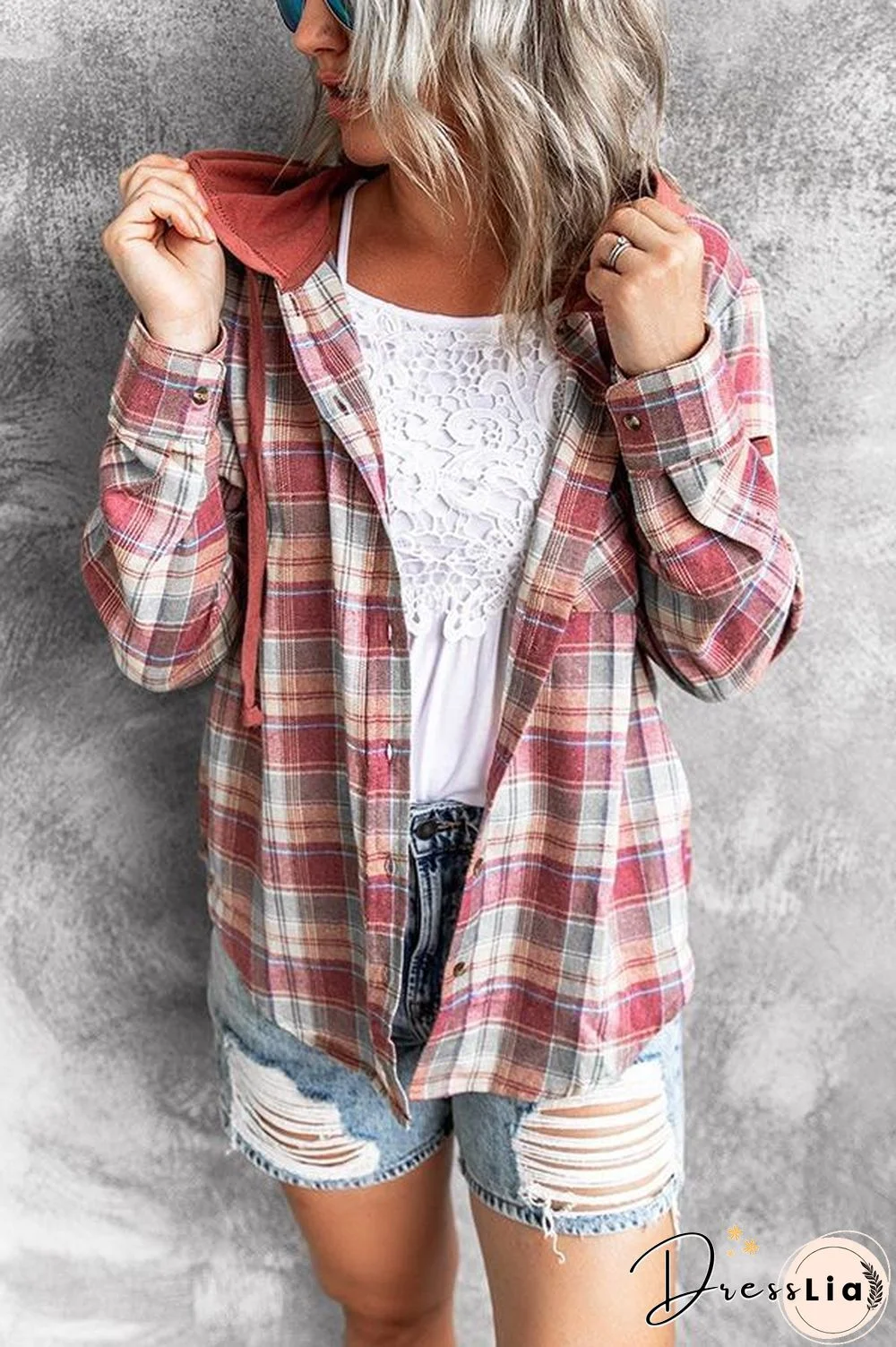 Hooded Loose-fit Women's Woolen Plaid Jacket P12366