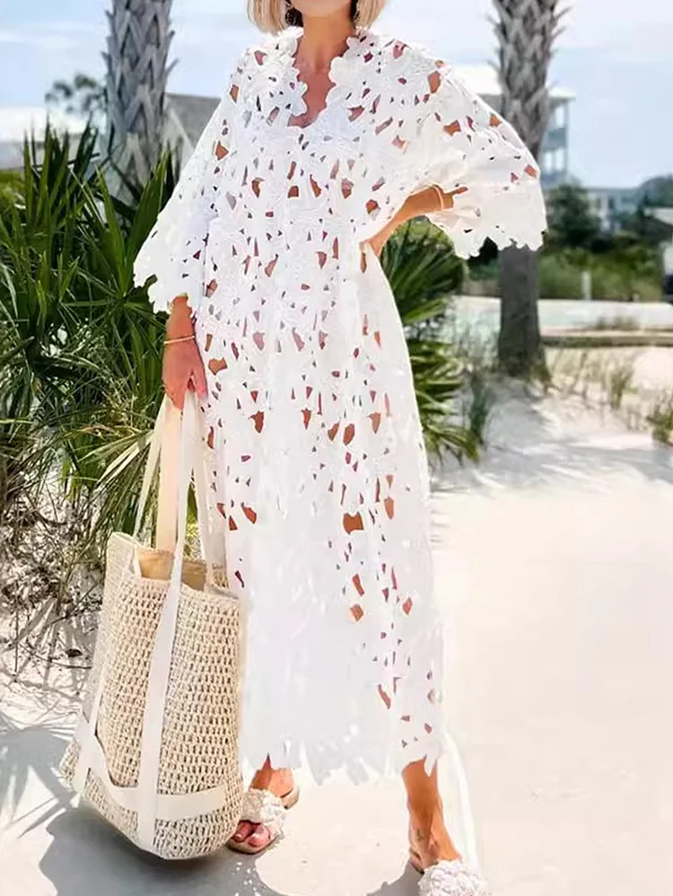 Vacation 3/4 Sleeve Hollow Out Loose Beach Cover Up