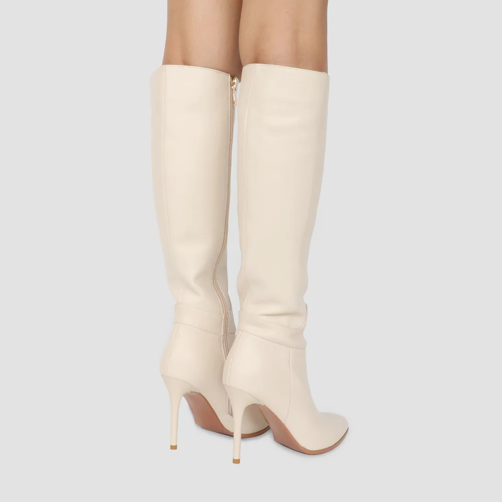 9.5cm Zipper Leather Mid Heels Knee Boots-MERUMOTE