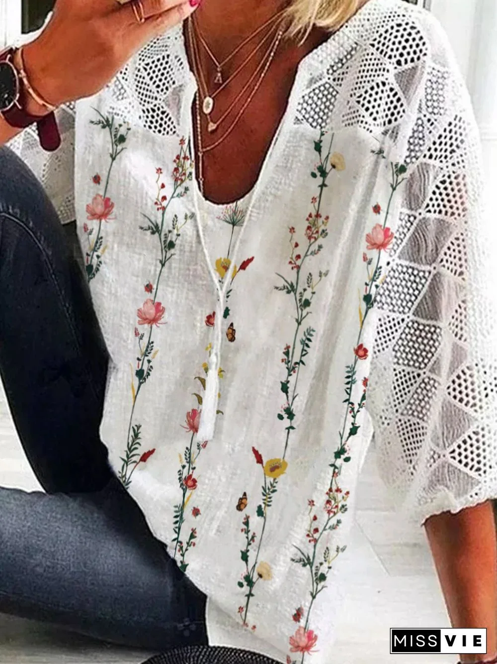 Casual Floral Three Quarter V Neck Plus Size Printed Tops