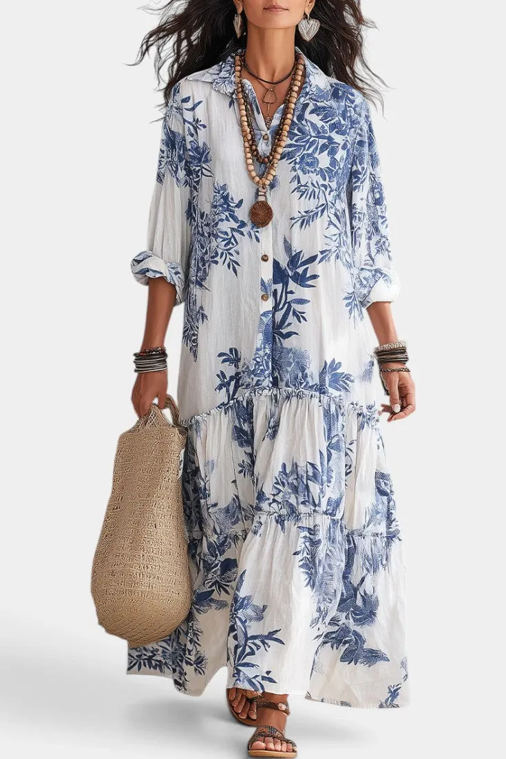 and Floral Ruffled Maxi Shirt Dress