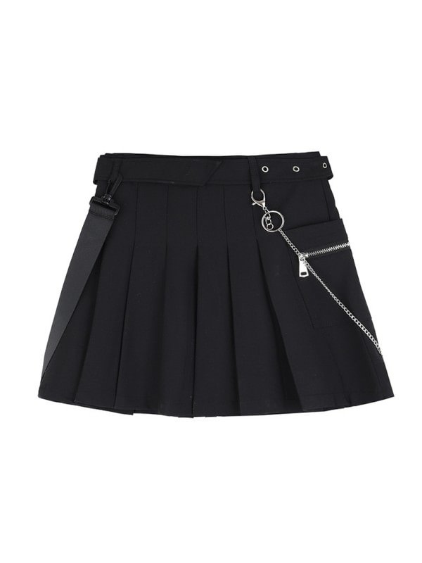 Dark College Style Chain Pockets High Rise Pleated Skirt