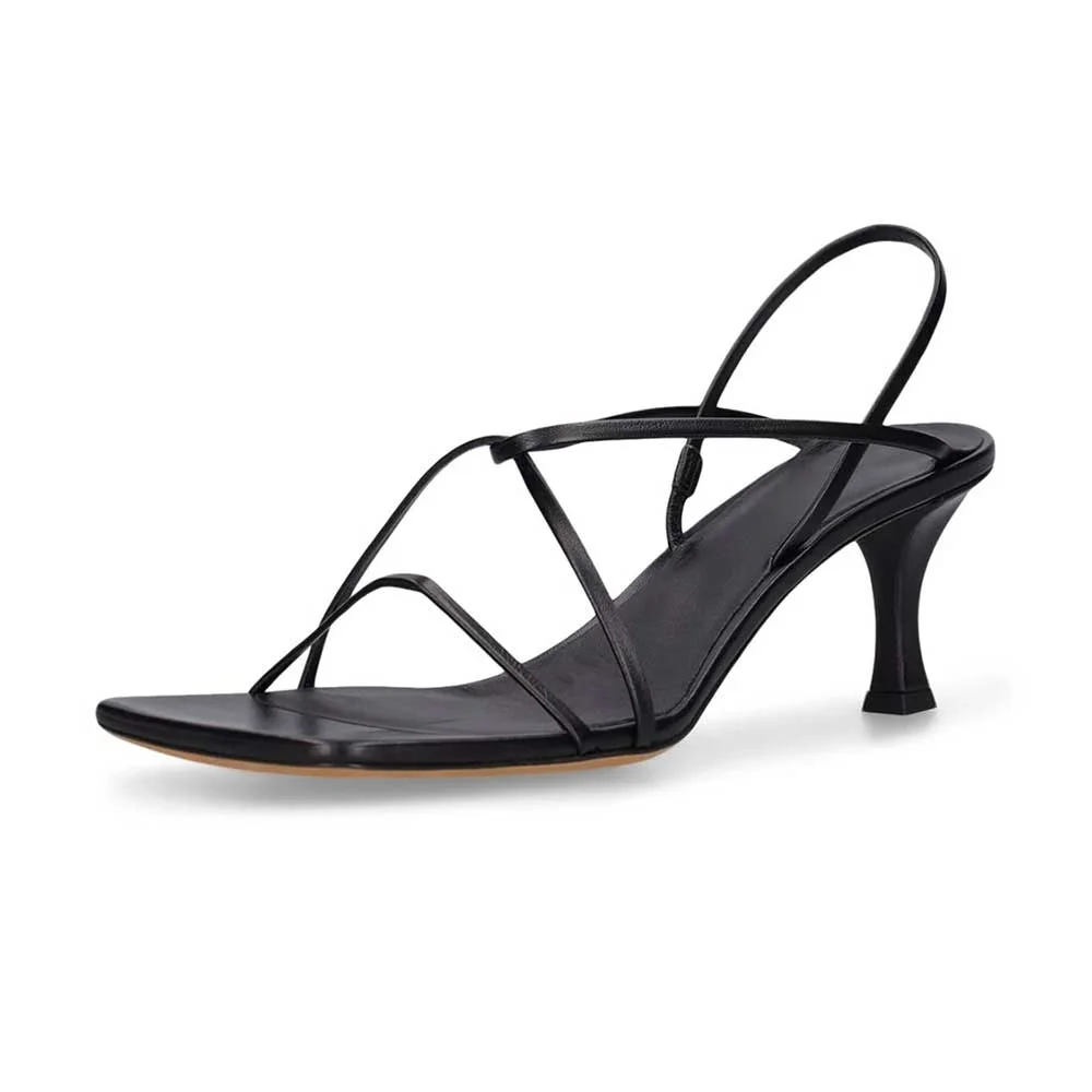 Simple Black Square Toe Crossed Strap Women Sandals with Spool Heel