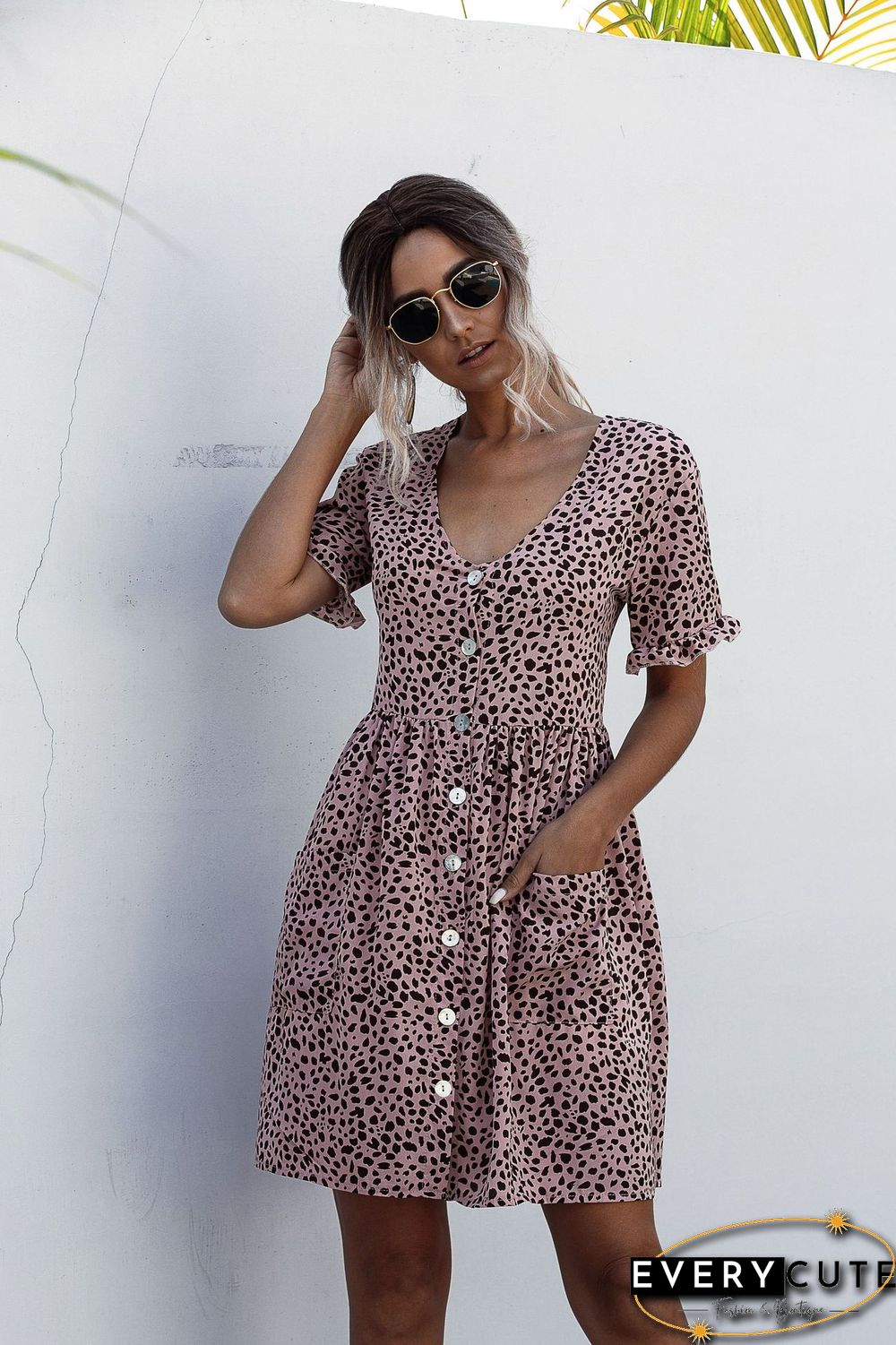 Short Sleeve Polka Dot Printed Buttoned Pocket Dress