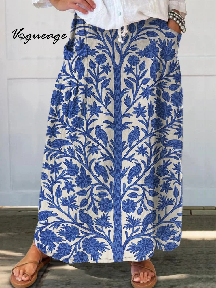 Elegant And Stylish Plants And Birds Printed Women's Casual Cotton And Linen Skirt