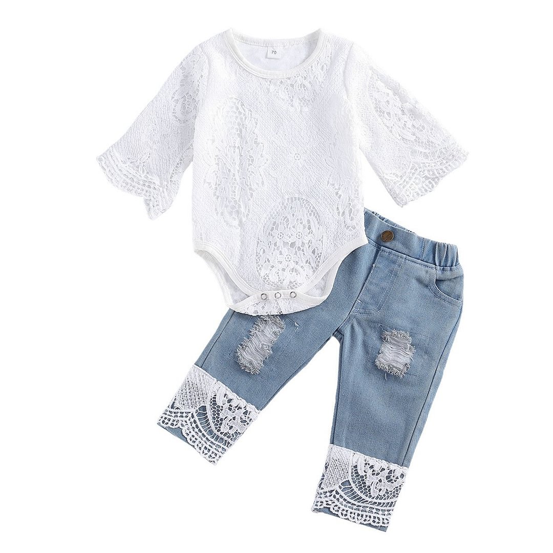 Kids Baby Girls' Long Sleeve Lace Romper Suit, Triangle Crotch Round Neck Lace top with Long Jeans Patchwork Pants , 2Pcs