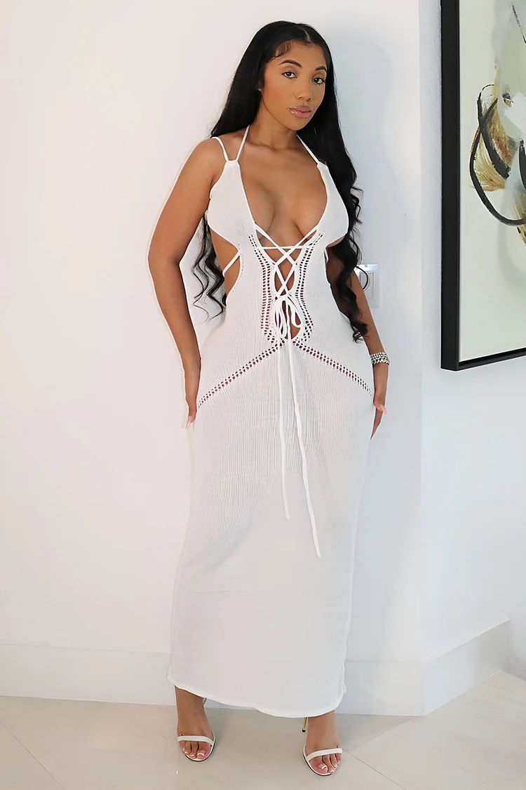 Cut Out Lace-Up Slim-Fit Backless Vacation Knit Cami Maxi Dresses-White