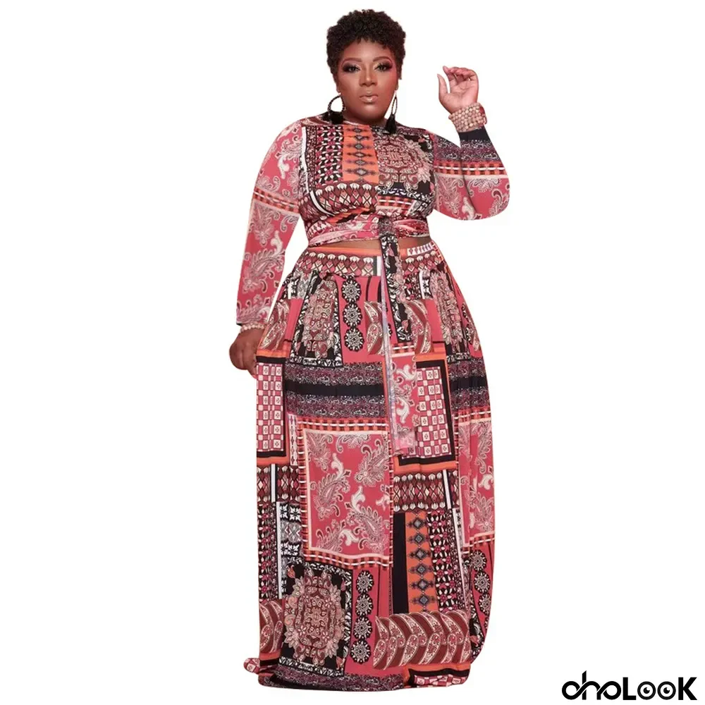 Plus Size Women Vintage Print Long Sleeve Top+ Loose Dress Two Piece Set