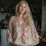 Bohemian Pink Rose Embroidered Casual Cotton And Linen Long-sleeved Top - Image 2