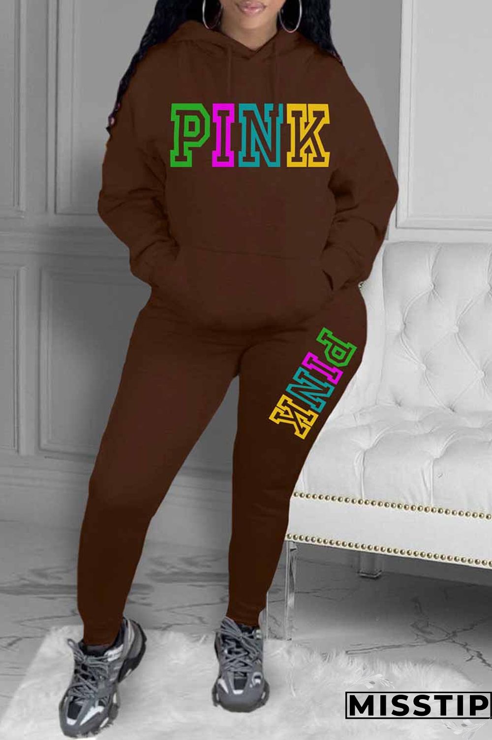 Grey Casual Print Letter Hooded Collar Long Sleeve Two Pieces