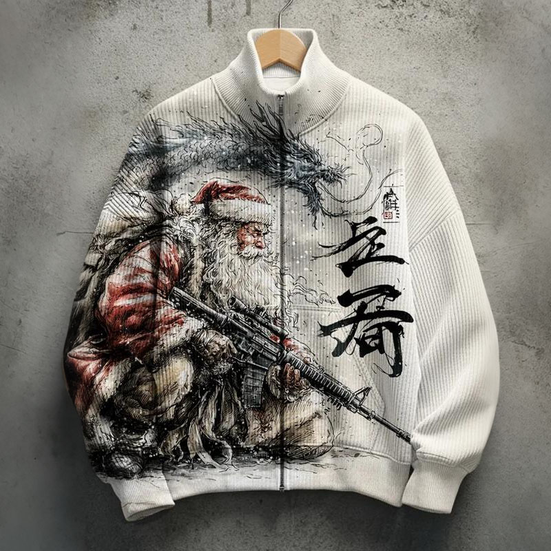 Men's Retro Oriental Art Dragon Santa Claus Print Zip Up Corduroy Jacket elevenforest