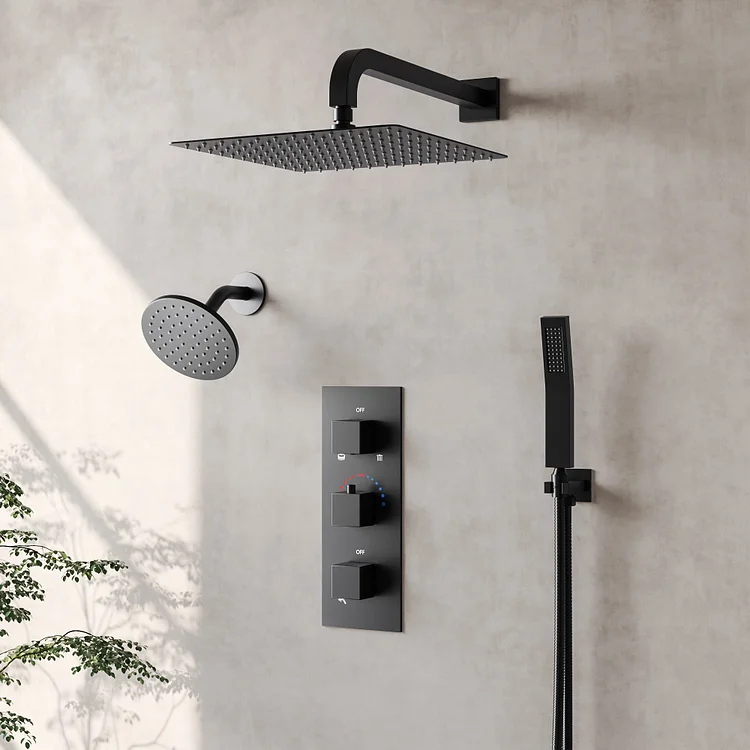 12" Rainfall Shower System | Thermostatic Valve, Handheld Unit & Adjustable Spray Modes SFS-1065-BK12