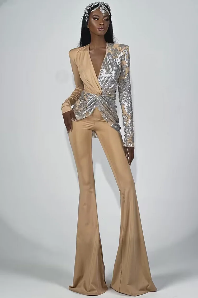 Deep V Neck Mesh Sequin Flare Leg Jumpsuit-Apricot