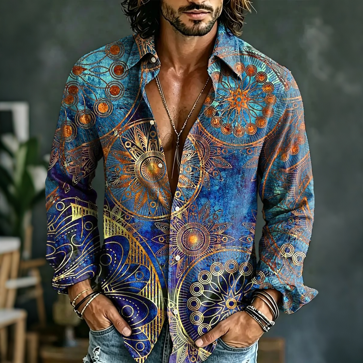 Men's Hippie Art Print Long Sleeves Linen Shirt artswardrobe