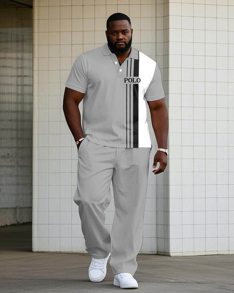 Simple Daily Casual Small Label Printed Short-sleeved Polo Trousers Suit Men's Plus Size