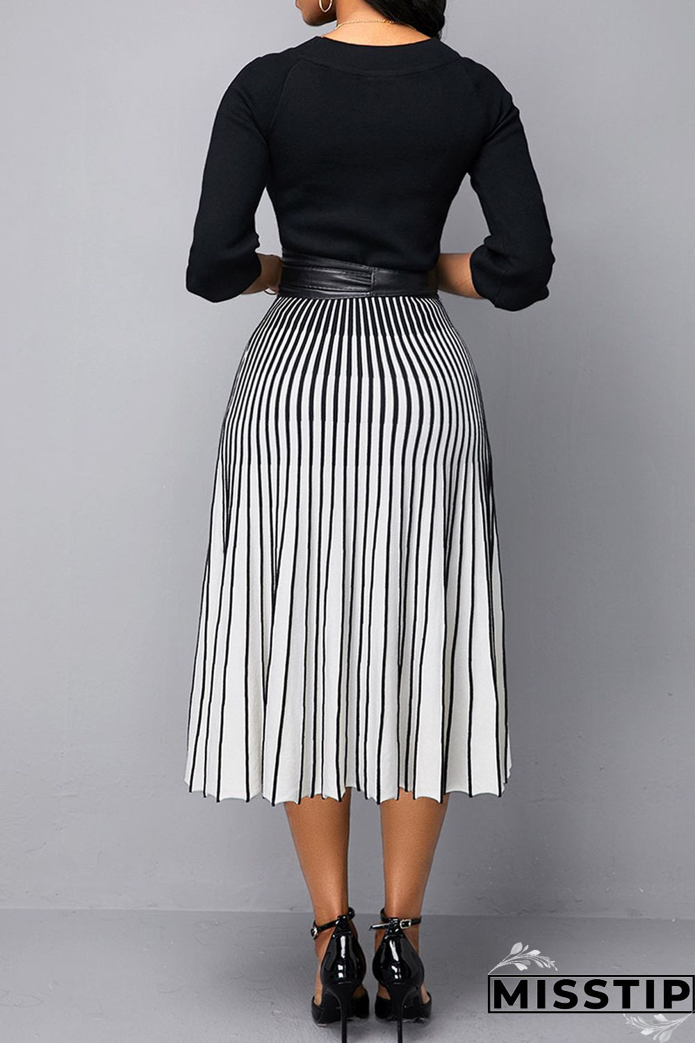 Black Casual Striped Print Patchwork O Neck A Line Dresses