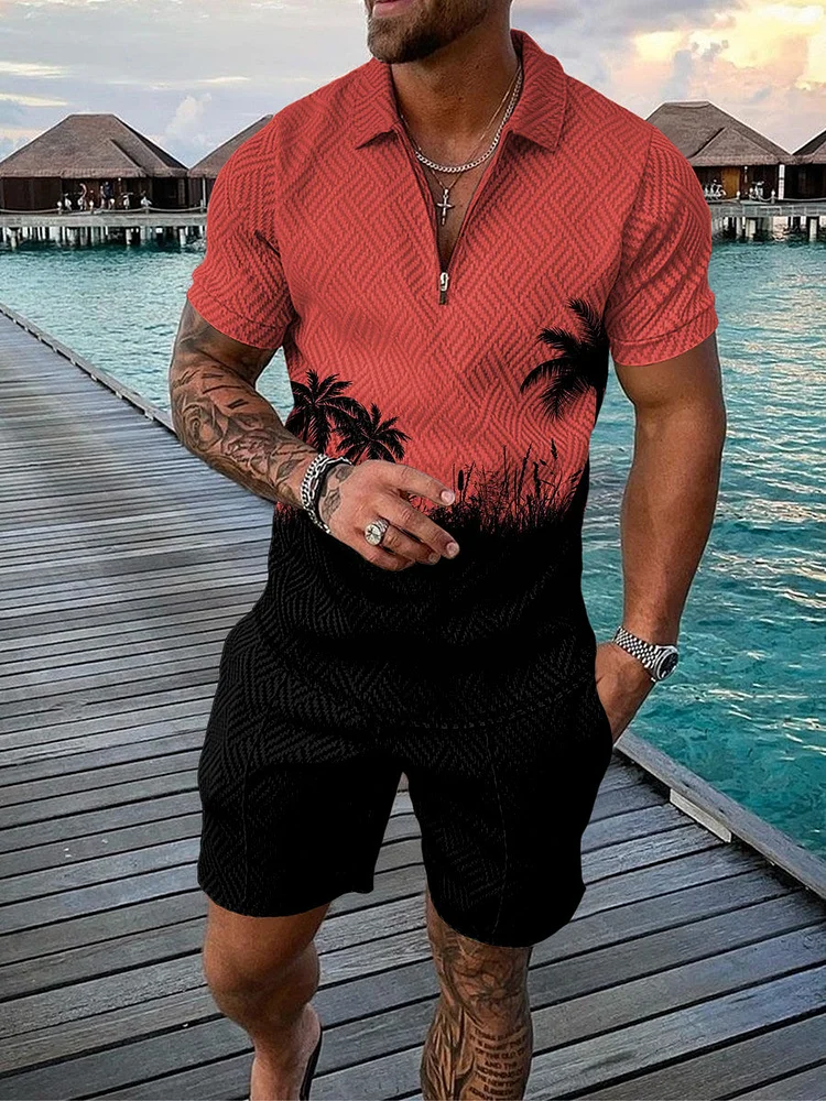 Men's Coconut Tree Zip Polo Shirt and Shorts Two-Piece Suits