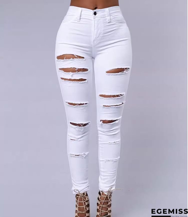 White Fashion Casual Solid Ripped High Waist Skinny Denim Jeans | EGEMISS