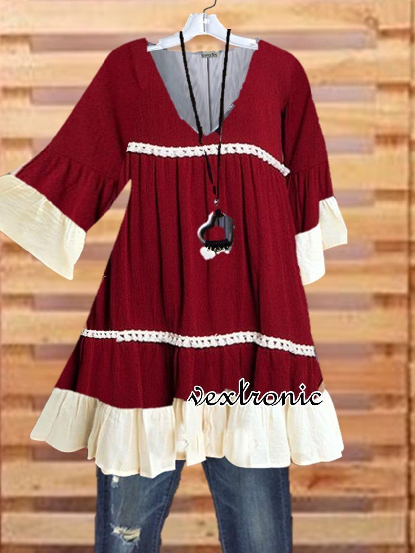 Women's Half Sleeve V-neck Lace Stitching Top Dress S - 5XL