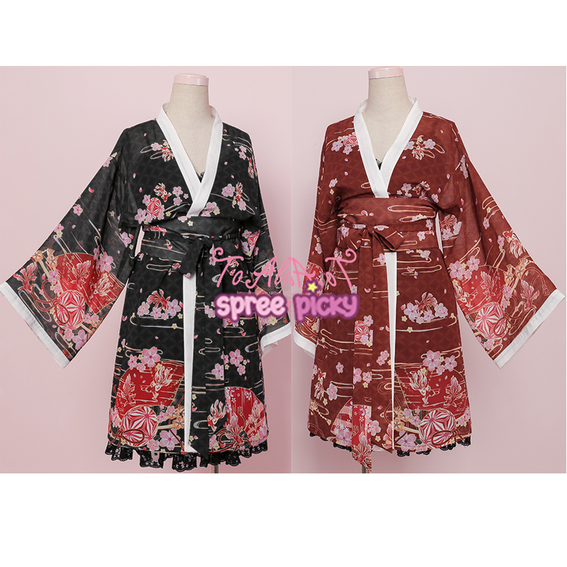 Wine/Black/Beige Sakura Bathrobe Overcoat Gallus Pajamas Set SP178901