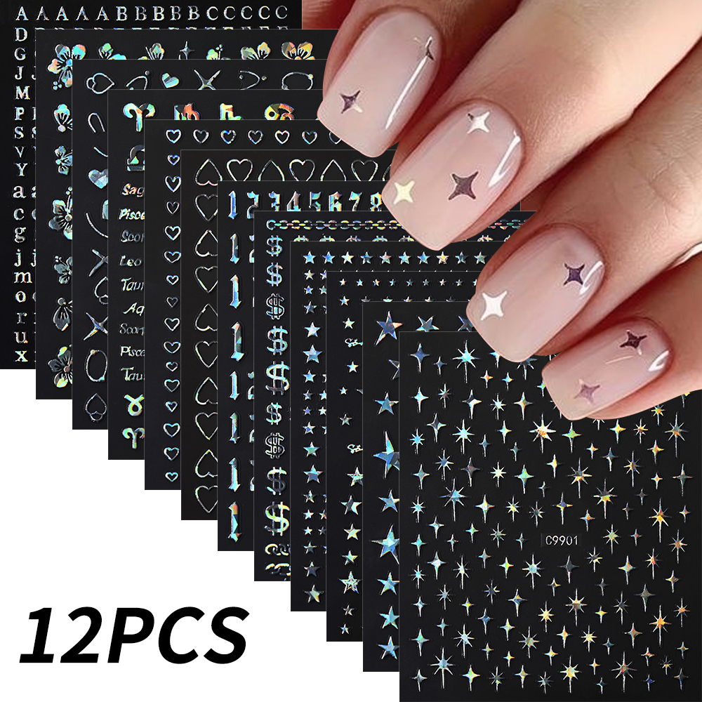 Bonusgor 12Pc Constellation Nail Stickers Pisces Aries Scorpio Alphabet Symbol 3D Bronzing Nail Art Sticker Self Adhesive Manicure Decals