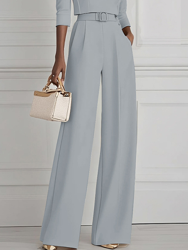 High Waisted Straight Leg Pleated Solid Color Split-Joint Pants Trousers LIGHT BLUE-2XL