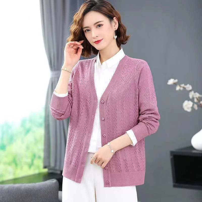 Churchf Churchf Summer Empty Hollow Coat Casual Long Sleeve Loose Knit Cardigan Women's V-Neck Thin Top
