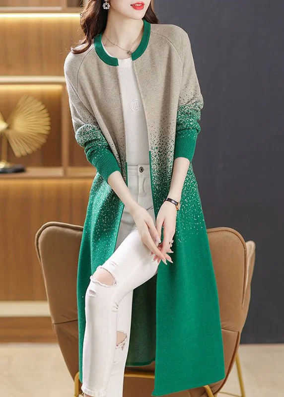 Green Pockets Patchwork Knit Long Cardigans O Neck Fall