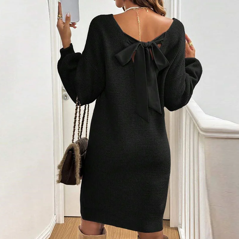 Athvotar Athvotar And Winter New Loose Knitting V-Neck Bow Long-Sleeved Sweater Dress Girl
