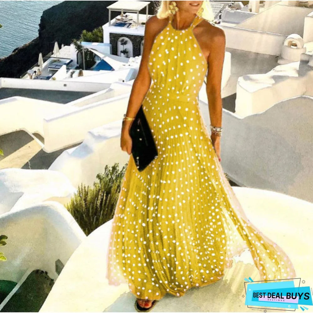 New Round Neck Sleeveless Printed Pleated Dress Women's Dress