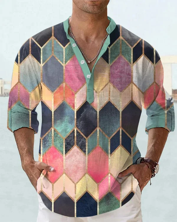 Men's Fashion Art Print Long Sleeve Shirt.