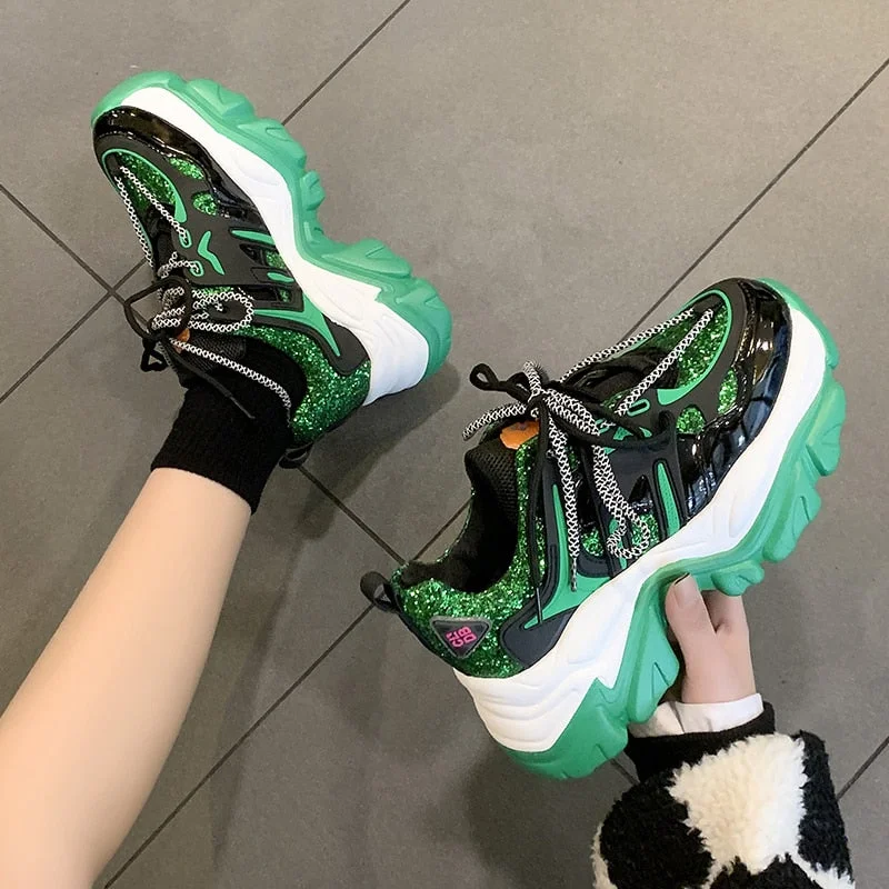 Green Glitter Basketball Sneakers For Women Fashion Platform Chunky Sneakers Woman 2022 Spring Thick Bottom Sports Shoes