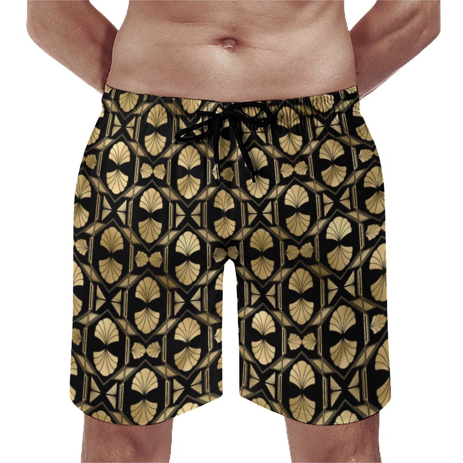 Black And Gold Art Deco Fan Geometric Patterned Elegant Men's Swim Trunks Summer Board Shorts Quick Dry Beach Short with Pockets