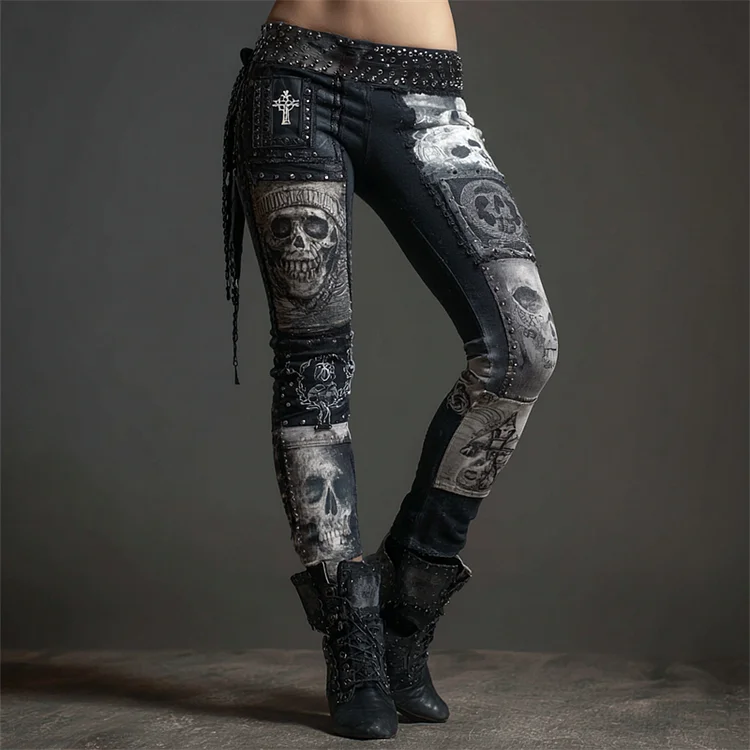 Rock Style Skulls Patchwork Studded Leggings