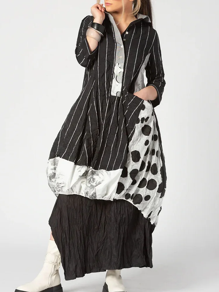 Button Striped Polka Dot 3/4 Sleeve Puff Hem Midi Dress