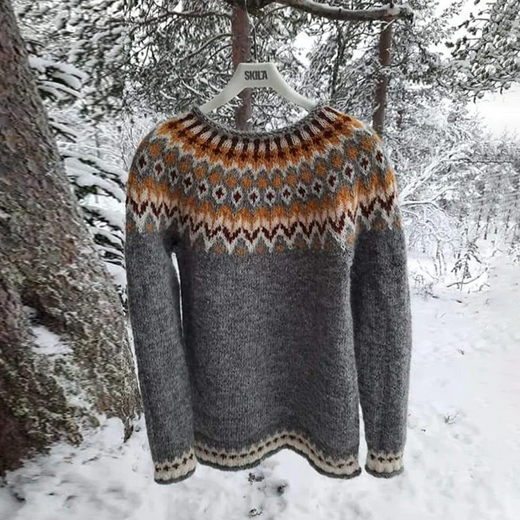 Vefave Fairman Island Loose Vintage Jacquard Crewneck Sweater