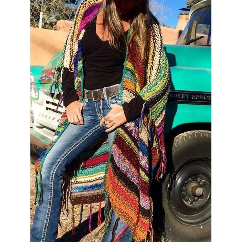 Color-Block Long Sleeve Tassel Knitted Outerwear | IFYHOME