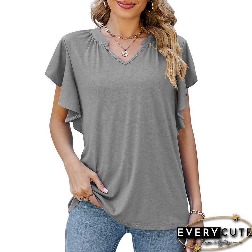 Light Gray V Neck Ruffle Sleeves T-shirt