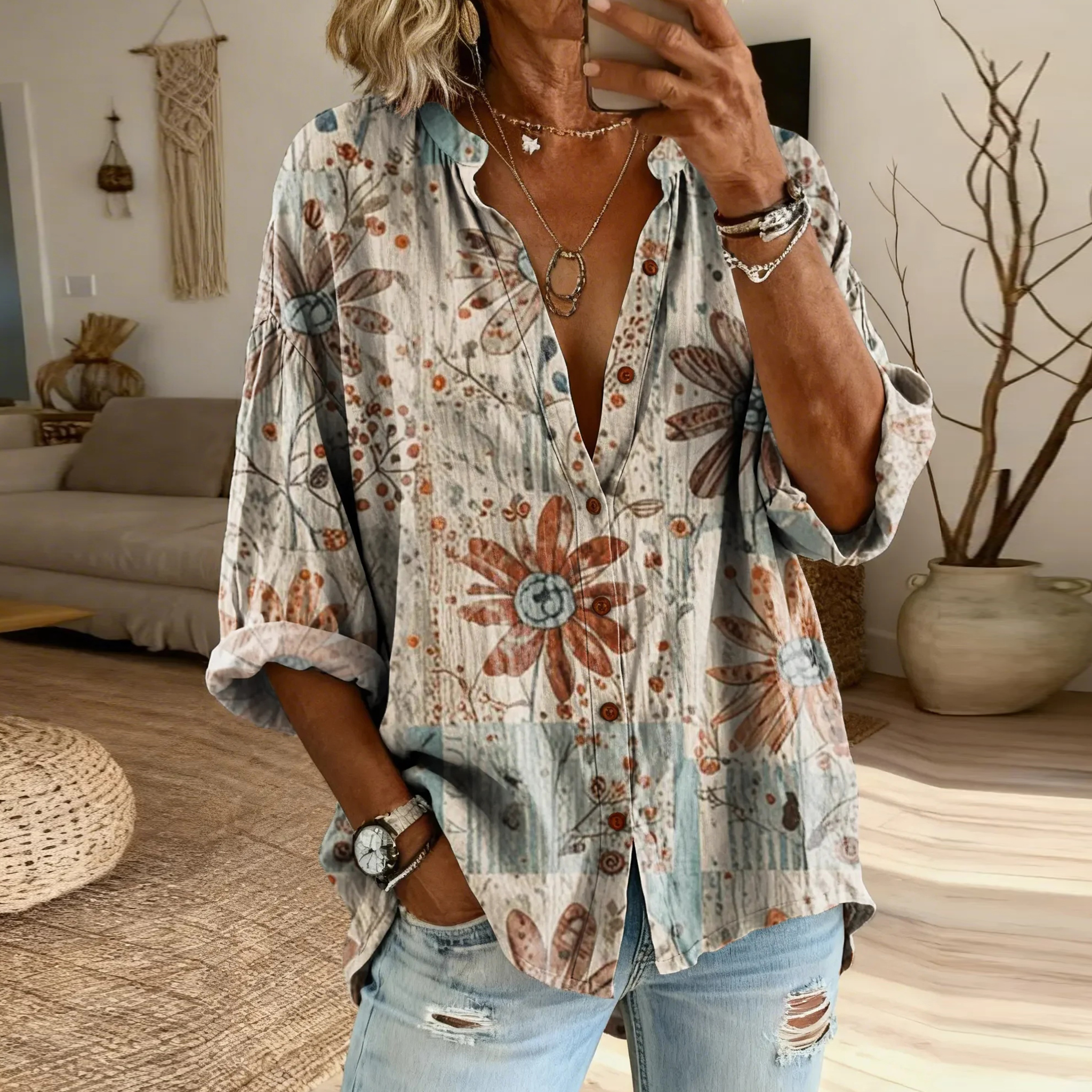 Women's Retro Floral Art Print Casual Cotton Linen Shirt elevenforest