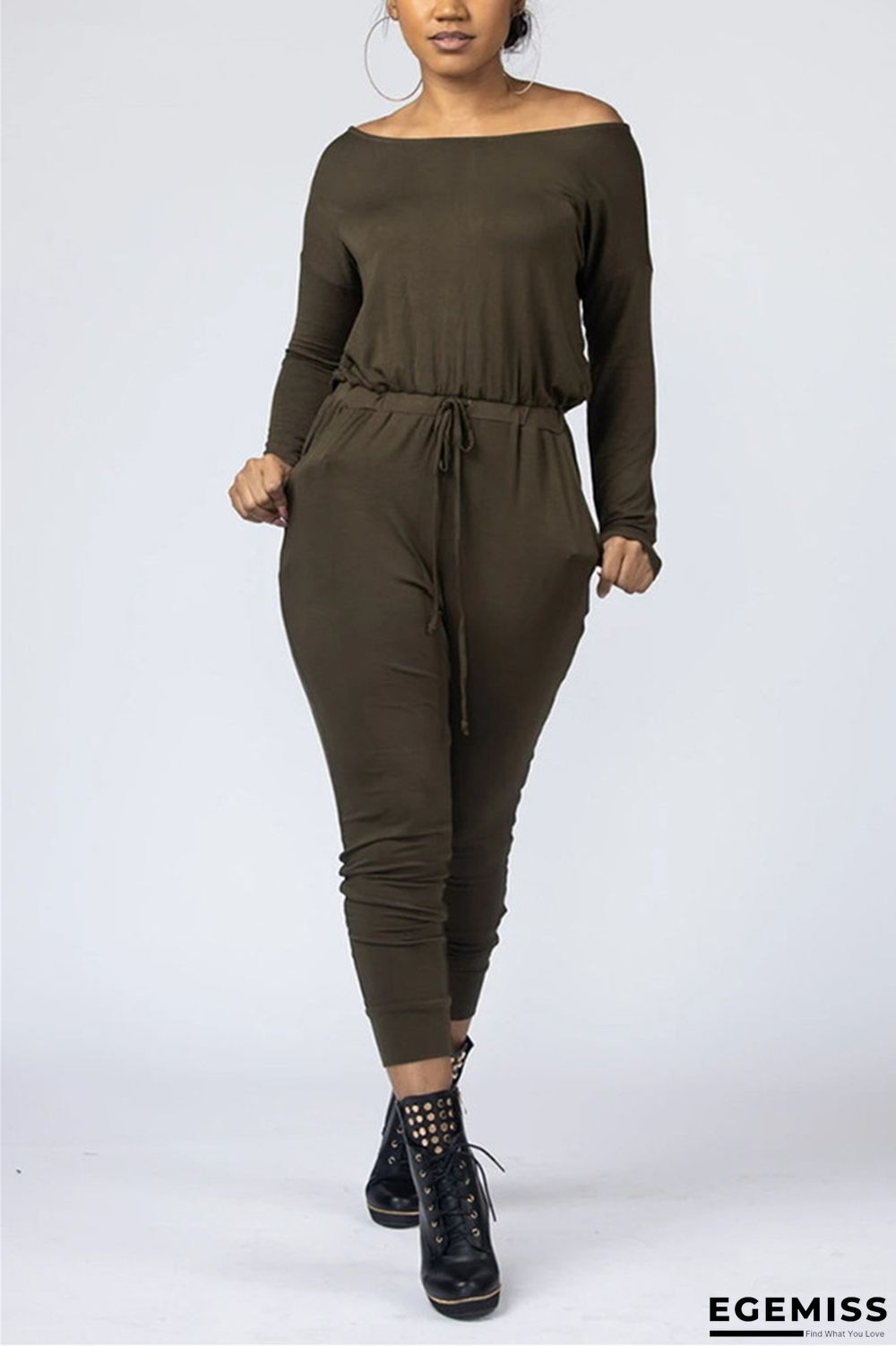 Army Green Fashion Casual Oblique Collar Long Sleeve Regular Sleeve Regular Solid Jumpsuits | EGEMISS