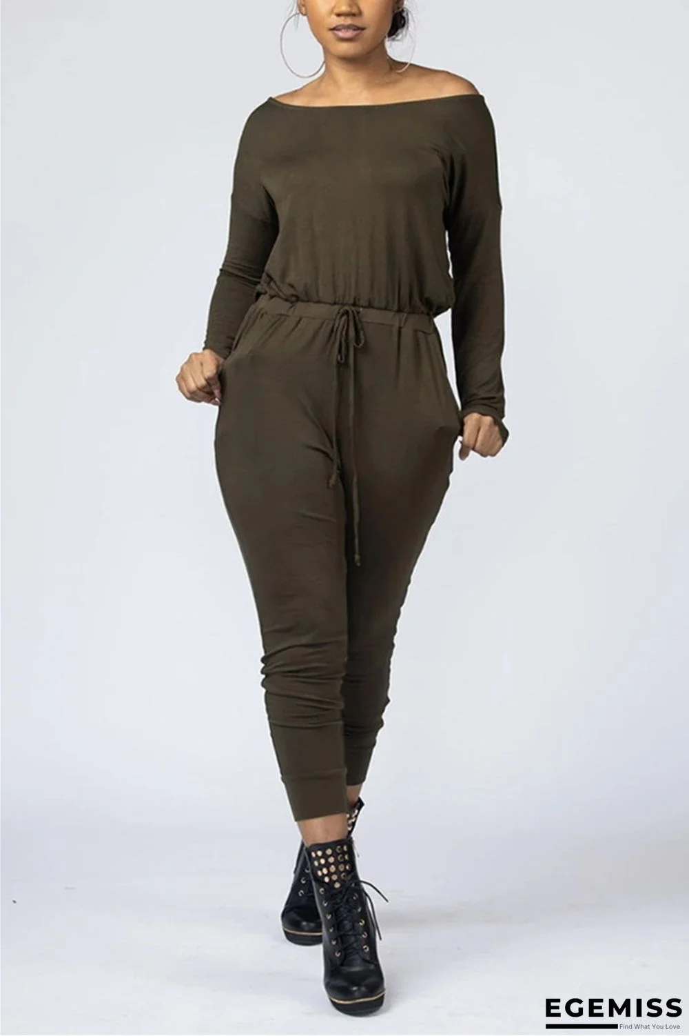 Army Green Fashion Casual Oblique Collar Long Sleeve Regular Sleeve Regular Solid Jumpsuits | EGEMISS