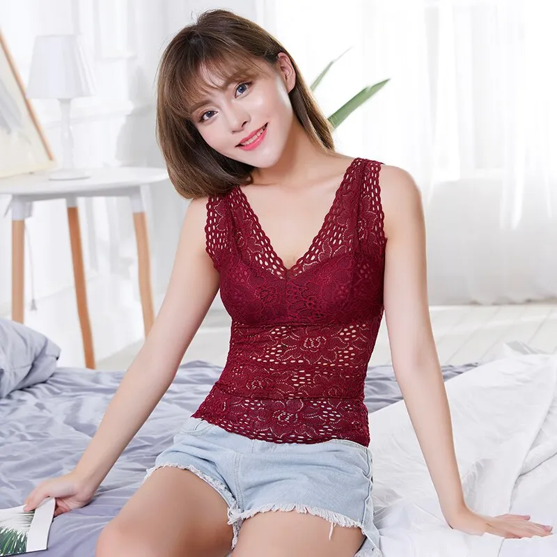 Sexy Tank Top Lace Wireless Paded Lingerie Vest Sexy V-Neck Crop Top Back Hollow Lace Trim Tee Camisole Feminino Cami