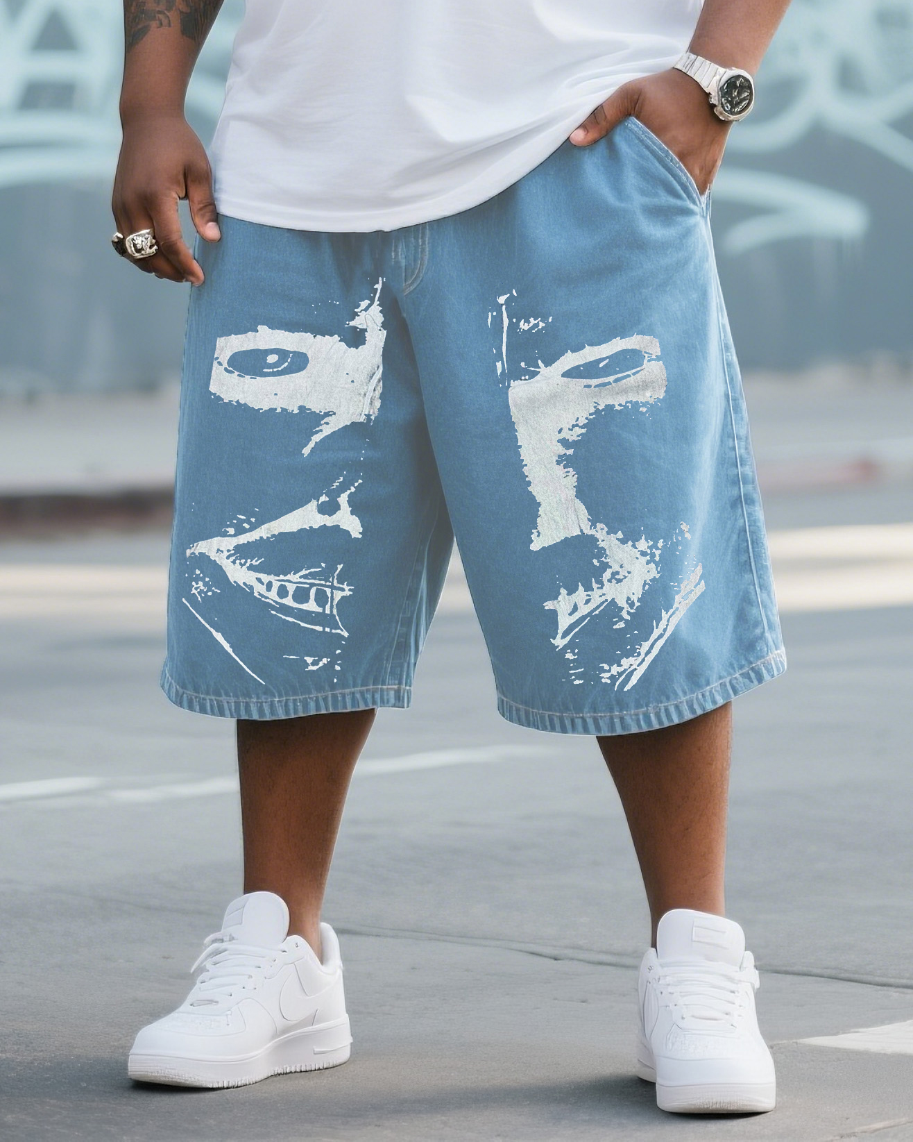 Big & Tall Men's Daily Leisure Creative Horror Half Face Stitching Shorts Jeans